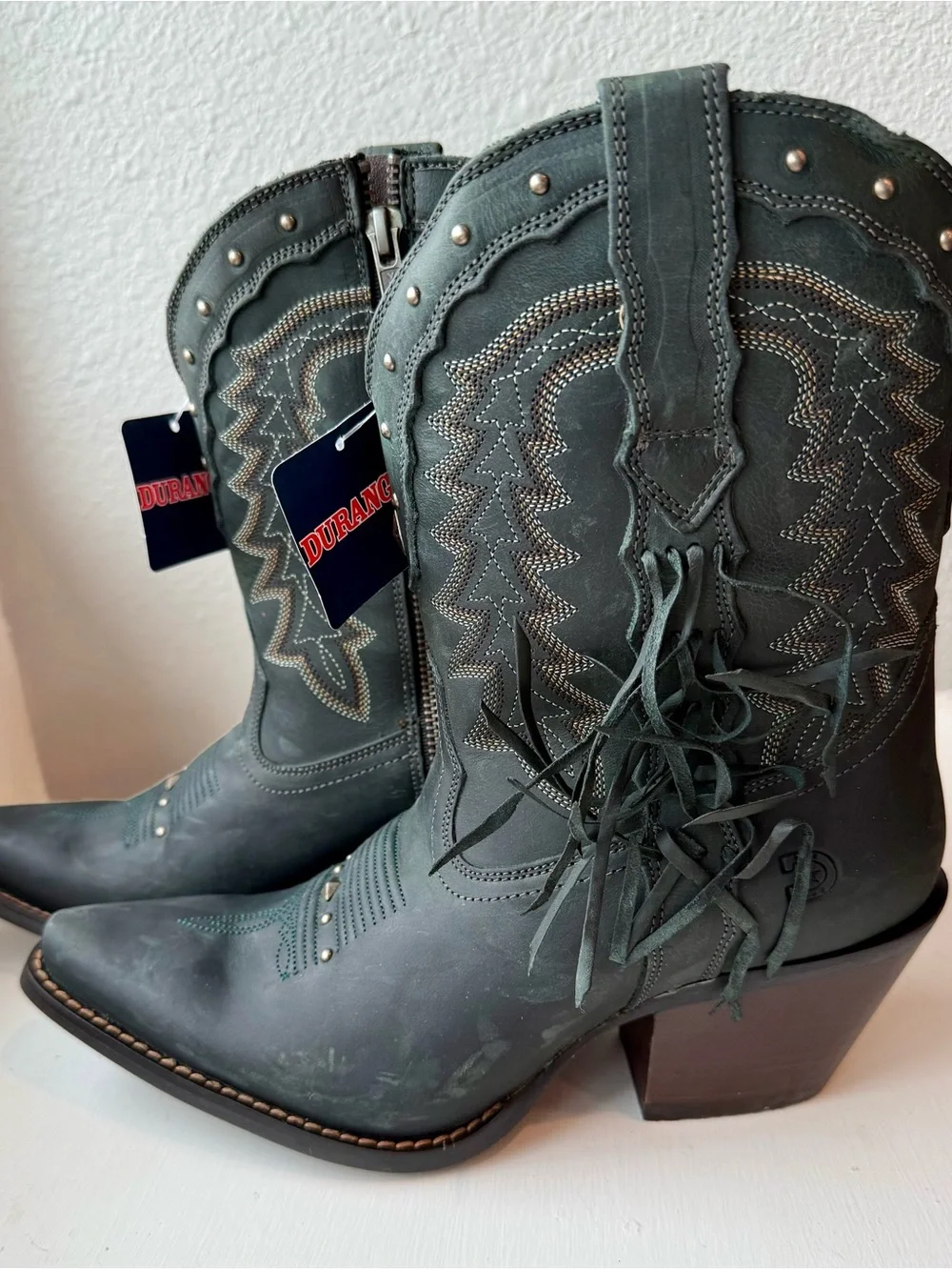 Crush by Durango Smoky Teal Suede Western Ankle Boots with Fringe and Studs